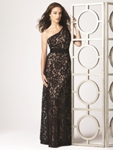 Evening Dress: Dessy Bridesmaid SPRING 2012- 2850  Fabric: Matte SatinOne shoulder full length crochet lace gown with black matte satin belt at natural waist, (lace and waistband always black).Dress Color Sample: cappuccino 