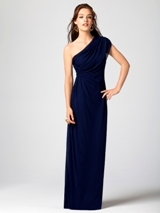 Prom Dress: Dessy Bridesmaid SPRING 2012- 2858  Fabric: Lux ChiffonOne shoulder full length lux chiffon gown with draped shoulder and bodice.Dress Color Sample: midnight 