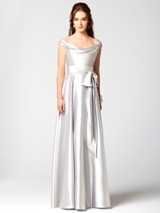 Prom Dress: Dessy Bridesmaid SPRING 2012- 2864  Fabric: Stretch Charmeuseoff the shoulder stretch charmeuse dress with draped neckline and matching sash at natural waist. Full skirtDress Color Sample: sterling 