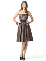 Evening Dress: Dessy Bridesmaid FALL 2011- 2836  Fabric: Tiffany SatinStrapless cocktail length dress in tiffany satin has vertical shirred bodice and matching or contrasting belt at natural waist. Pockets at side seams of full skirt.Sizes available 00-30W, and 00-30W extra length. Also available full length as style 2837.Dress Color Sample: Bailey 