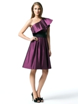 Evening Dress: Dessy Bridesmaid FALL 2011- 2838  Fabric: Tiffany SatinOne shoulder cocktail length dress in tiffany satin has bias ruffle trim at neckline and matching or contrasting belt at natural waist. Pockets at side seams of full skirt.Sizes available 00-30W, and 00-30W extra length. Also available full length as style 2839.Dress Color Sample: Sugar plum 