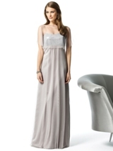 Evening Dress: Dessy Bridesmaid FALL 2011- 2840  Fabric: Stretch TulleFull length, strapless empire waist gown in stretch tulle has silver sequin bodice with tulle overlay. Skirt has subtle shirring at center front. Removable stretch tulle capelet always matches skirt. BODICE SEQUINS ARE ALWAYS SILVER.Sizes available 00-30W, and 00-30W extra length.Dress Color Sample: Taupe 