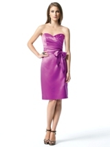 Evening Dress: Dessy Bridesmaid FALL 2011- 2841  Fabric: Matte SatinStrapless cocktail length dress in matte satin has draped bodice and matching sash at natural waist.Sizes available 00-30W, and 00-30W extra length. Available full length as style 2842.Dress Color Sample: Orchid 