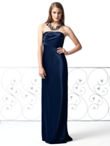 Evening Dress: Dessy Bridesmaid FALL 2011- 2843  Fabric: Renaissance SatinStrapless full length gown in renaissance satin has asymmetrical empire waist and flat bow detail with streamers at back.Sizes available 00-30W, and 00-30W extra length.Dress Color Sample: Midnight 