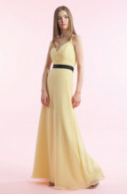Bridesmaids Dress: B9093  V neck with Satin halter strap and A-line skirt in Poly Chiffon. Poly Chiffon dress with Poly Satin band and bow on waist.
Two tone (any combination of Poly Satin/chiffon colors) or solid.
Size Range :  4-28.
 