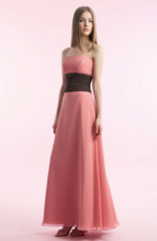 Bridesmaids Dress: B9095  Strapless A-line dress in Poly Chiffon. Diagonal pleated empire bodice and horizontal accent color pleated waist connecting loop hole sash on back.
Two tone (any combination of Poly Chiffon colors) or solid.
Size Range :  4-28.
 