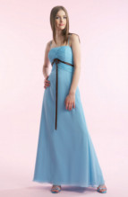 Bridesmaids Dress: B9097  Straight neckline with spaghetti straps and A-line skirt in Poly Chiffon. Poly Chiffon inverted pleated bodice with accent color ribbon bow on empire.
Two tone (any combination of Poly Chiffon colors) or solid.
Size Range :  4-28.
 