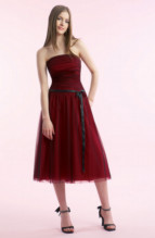Bridesmaids Dress: B9099  Strapless A-line dress in Netting. Two tone netting pleated bodice with gathered wasitline. Main color ribbon on waist.
Two tone (any combination of Netting colors) or solid.
Size Range :  4-28.
 