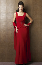 Bridesmaids Dress: J9961  Jade chiffon gown and wrap with gathered bodice has embroidered beaded applique on the front and double jade chiffon ruffle on the bottom of bodice. Fit and flare skirt. Jade Chiffon wrap included.
Size Range :  2-26.
 
