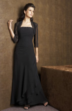 Bridesmaids Dress: J9965  Jade Chiffon gown and jacket with 3/4 length sleeves, has shirred beaded bodice and asymmetrical layered ruffle skirt.
Size Range :  2-26.
 