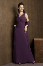 Bridesmaids Dress: J9966  Jade chiffon gown and wrap has gathered bodice and drop waist with embroidered beaded detail on the front center seam.
Size Range :  2-26.
 
