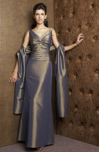 Bridesmaids Dress: J9968  Jade Taffeta gown with beaded wrap, has beaded detail on V neckline with gathered bodice and drop waistline. A-line skirt.
Size Range :  2-26.
 
