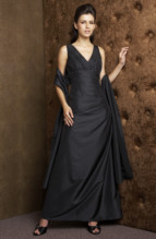 Bridesmaids Dress: J9969  V neckline shirred bodice gown with beaded empire waistline. Flare skirt with Jade taffeta wrap.
Size Range :  2-26.
 