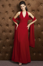 Bridesmaids Dress: J9971  Jade Chiffon gown with matching wrap has halter neckline and asymmetric gathers on front bodice and drop waist. Side slit opening on skirt.
Size Range :  2-26.
 