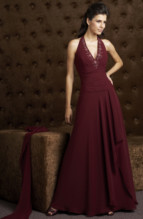 Bridesmaids Dress: J9974  Jade Chiffon halter A-line gown with wrap, beaded and embroidered lace trim on deep V neckline and has Jade chiffon gathered waist, split V ruffle on front skirt.
Size Range :  2-26.
 