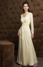 Bridesmaids Dress: J9976  Jade Tiffany Chiffon double neckline and flare skirt gown with matching jacket, has beaded bodice underlay with Tiffany chiffon overlay that gathers at waist; shirred jacket with beaded and embroidered applique at waist on sash.
Size Range :  2-26.
 