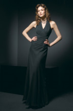 Bridesmaids Dress: L9065  Halter V neckline and A-line of BELSOIE Solid Iridescent Chiffon gown, BELSOIE Solid Iridescent Chiffon gathered on bodice and drop waist. 
Solid.
Size Range :  4-28.
 