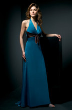 Bridesmaids Dress: L9070  Halter V-neckline and Flare of Satin Back Crepe gown, Satin Back Crepe gathered on bodice with accent bow band on front empire. 
Two tone (any combination of 2 Satin Back Crepe colors) or solid.
Size Range :  4-28.
 