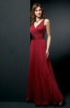 Bridesmaids Dress: L9075  V-neckline and flare of BELSOIE Tiffany Chiffon gown, BELSOIE Tiffany Chiffon gathered on waist with waistband and back sash.
Solid.
Size Range :  4-28.
 
