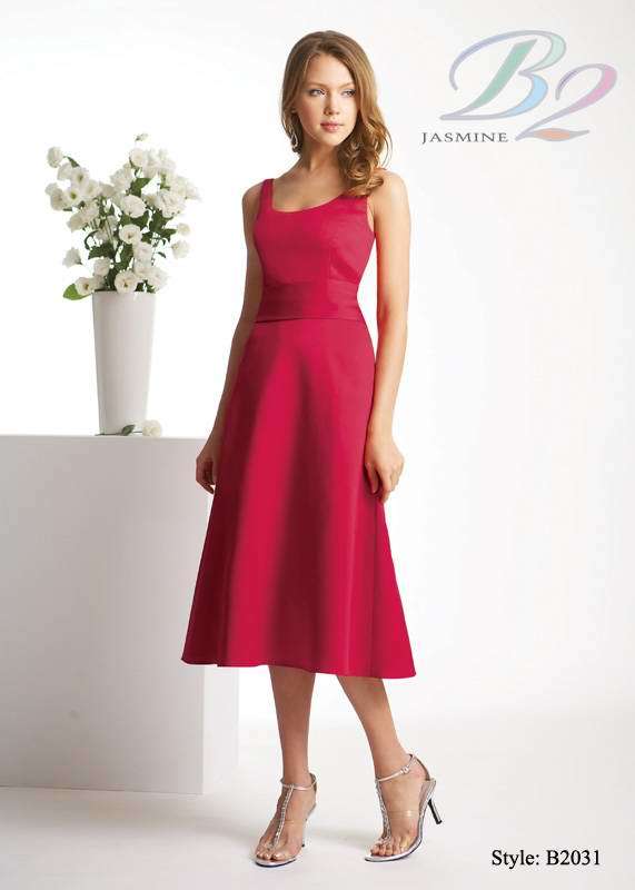 Evening Dress: B2 Spring 2009 - Style B2031  Catalogue Color:  NEW RED (NR)  Silhouette:  Scoop neckline Poly satin gown with A-line skirt. Solid belt at natural waist ties to bow on back.  Fabric-top layer:  POLY SATIN  Accessory:  N/A  Skirt Length:  Available in tea and floor length. Floor length for B2031A  Size Range:   2-28  