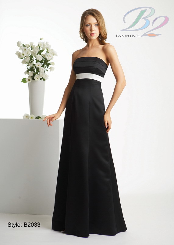 Evening Dress: B2 Spring 2009 - Style B2033  Catalogue Color:  BLACK (BK)-IVORY (IV)  Silhouette:  Strapless Poly Satin gown with A-line skirt. Layered bodice with accent band at empire in poly satin.  Fabric-top layer:  POLY SATIN  Accessory:  Detachable spaghetti straps  Skirt Length:  Available in floor length. Tea length can be special ordered, at no additional charge.  Size Range:   2-28  