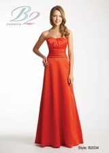 Prom Dress: B2 Spring 2009 - Style B2034  Catalogue Color:  MANGO TANGO (PG)  Silhouette:  Pleated modified sweetheart gown with A-line skirt in Poly satin. Ruched waist that loops with sash on back.  Fabric-top layer:  POLY SATIN  Accessory:  Detachable spaghetti straps  Skirt Length:  Available in floor length. Tea length can be special ordered, at no additional charge.  Size Range:   2-28  