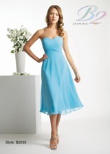 Prom Dress: B2 Spring 2009 - Style B2035  Catalogue Color:  BAHAMA BREEZE (BB)  Silhouette:  Sweetheart Poly chiffon gown with flare skirt. Ruched empire twist on front that ties to bow on back.  Fabric-top layer:  POLY CHIFFON  Accessory:  Detachable spaghetti straps  Skirt Length:  Available in tea and floor length. Floor length for B2035A  Size Range:   2-28  