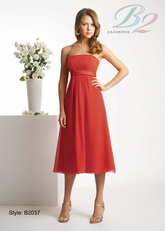 Evening Dress: B2 Spring 2009 - Style B2037  Catalogue Color:  MANGO TANGO (PG)  Silhouette:  Strapless Poly chiffon gown with pleated empire. Poly satin band on neckline and empire.   Fabric-top layer:  POLY CHIFFON and POLY SATIN  Accessory:  Detachable spaghetti straps  Skirt Length:  Available in tea and floor length. Floor length for B2037A  Size Range:   2-28  