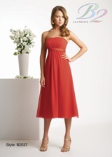 Prom Dress: B2 Spring 2009 - Style B2037  Catalogue Color:  MANGO TANGO (PG)  Silhouette:  Strapless Poly chiffon gown with pleated empire. Poly satin band on neckline and empire.   Fabric-top layer:  POLY CHIFFON and POLY SATIN  Accessory:  Detachable spaghetti straps  Skirt Length:  Available in tea and floor length. Floor length for B2037A  Size Range:   2-28  
