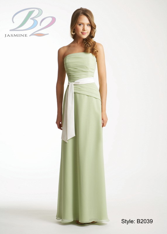 Evening Dress: B2 Spring 2009 - Style B2039  Catalogue Color:  SAGE (SG)-IVORY (IV)  Silhouette:  Strapless Poly chiffon gown with A-line skirt. Poly satin accent sash at natural waist.  Fabric-top layer:  POLY CHIFFON and POLY SATIN  Accessory:  Detachable spaghetti straps  Skirt Length:  Available in floor length. Tea length can be special ordered, at no additional charge.  Size Range:   2-28  