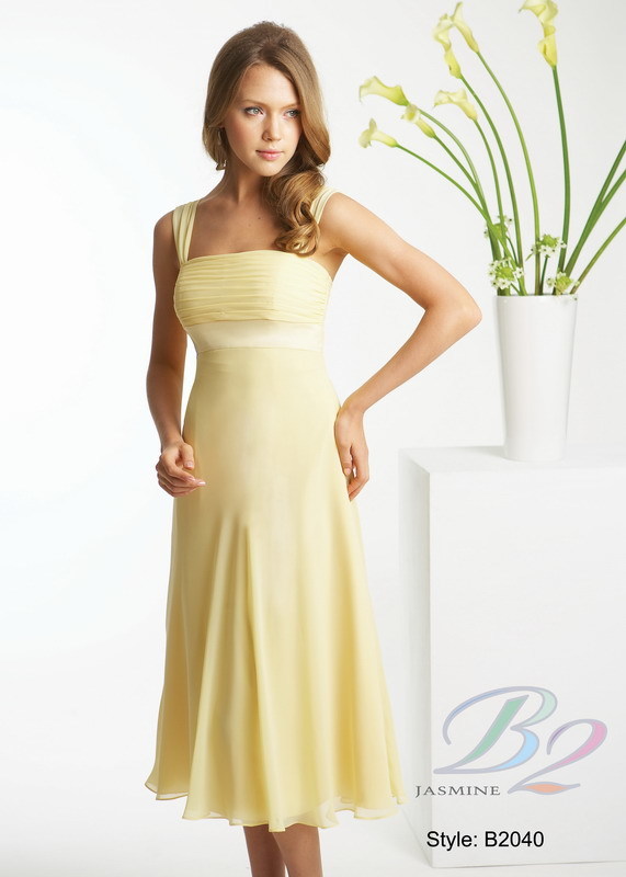 Bridesmaids Dress: B2 Spring 2009 - Style B2040  Catalogue Color:  BUTTERCUP (BC)  Silhouette:  Square neckline Poly chiffon gown with A-line skirt. Ruched bodice with Poly satin band at empire.  Fabric-top layer:  POLY CHIFFON and POLY SATIN  Accessory:  N/A  Skirt Length:  Available in tea and floor length. Floor length for B2040A  Size Range:   2-28  
