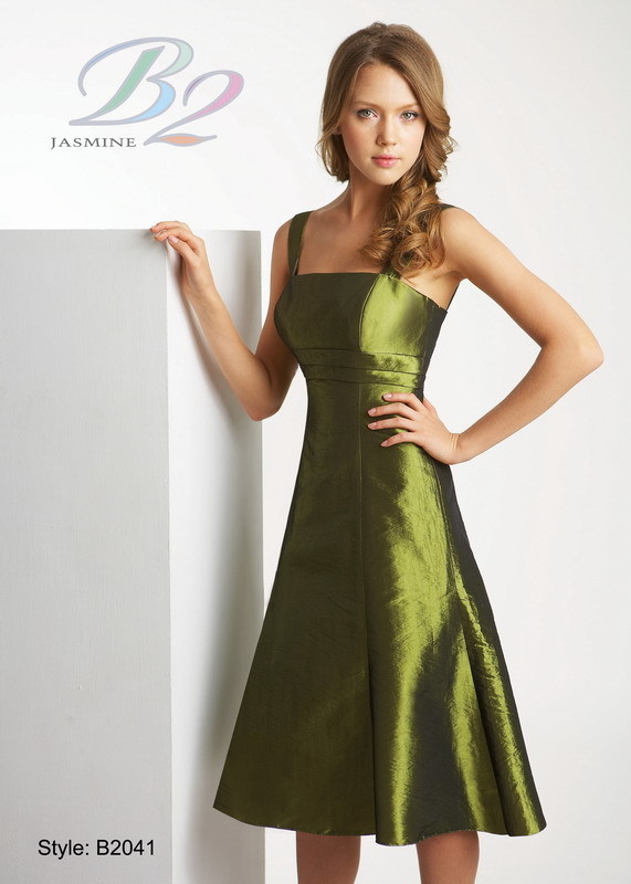 Bridesmaids Dress: B2 Spring 2009 - Style B2041  Catalogue Color:  ENVY (EY)  Silhouette:  Square neckline luxe taffeta gown with A-line skirt. Tiered empire waist.  Fabric-top layer:  LUXE TAFFETA  Accessory:  N/A  Skirt Length:  Available in tea and floor length. Floor length for B2041A  Size Range:   2-28  