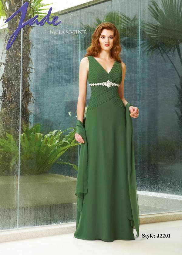 Bridesmaids Dress: JADE - J2201  Catalogue Color:  PURE JADE (PJ)  Silhouette:  Jade Chiffon gown with shirred V-neck front and back. Has beaded/embroidered empire trim. A-line skirt; comes with matching shawl.  Fabric-top layer:  JADE CHIFFON  Accessory:  Shawl  Skirt Length:  Floor  Size Range:   2-26  