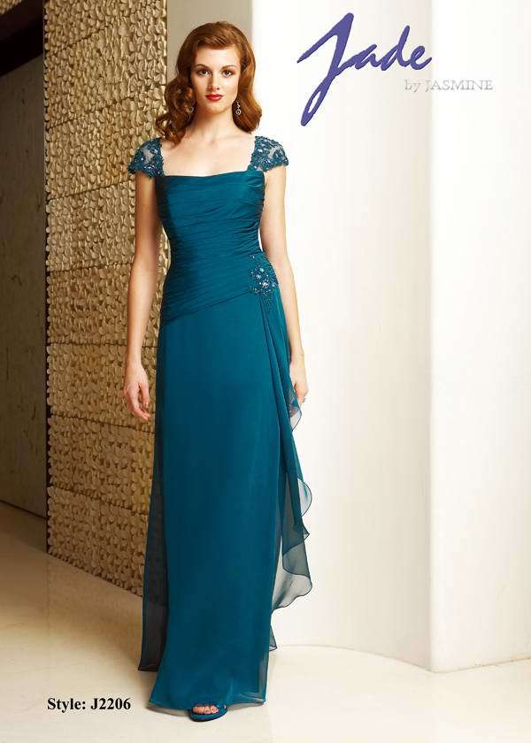 Prom Dress: JADE - J2206  Catalogue Color:  TEAL (TL)  Silhouette:  Jade Tiffany Chiffon gown has beaded/embroidered netting cap sleeves and back bodice. Shirred front square neckline and drop waist; has side applique and ruffle detail. A-line skirt.   Fabric-top layer:  JADE TIFFANY CHIFFON and NETTING  Accessory:  N/A  Skirt Length:  Floor  Size Range:   2-26  