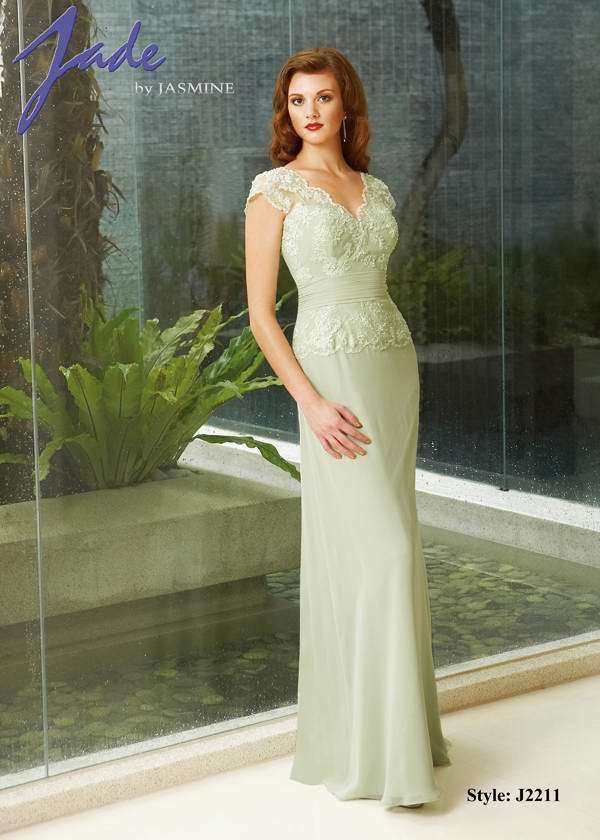 Prom Dress: JADE - J2211  Catalogue Color:  PERIDOT (PE)  Silhouette:  Jade Chiffon and beaded Lace gown has front and back scalloped V neckline with cap sleeves. Shirred chiffon waistband and A-line skirt.  Fabric-top layer:  JADE CHIFFON and NETTING  Accessory:  N/A  Skirt Length:  Floor  Size Range:   2-26  