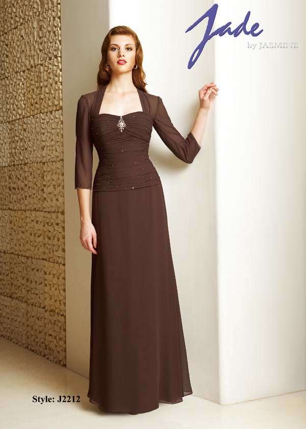 Prom Dress: JADE - J2212  Catalogue Color:  ESPRESSO (EO)  Silhouette:  Jade Chiffon gown has beaded ruched bodice with Shirred Queen Anne neckline. Center front bodice has beaded/embroidered applique. 3/4 length sleeves have beaded edge. A-line skirt.  Fabric-top layer:  JADE CHIFFON  Accessory:  N/A  Skirt Length:  Floor  Size Range:   2-26  