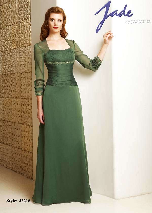 Prom Dress: JADE - J2216  Catalogue Color:  PURE JADE (PJ)  Silhouette:  Jade Tiffany Chiffon gown with sheer Queen Anne neckline. Shirred bodice and drop waist. Sheer back neckline has button closure. A-line skirt.  Fabric-top layer:  JADE TIFFANY CHIFFON  Accessory:  N/A  Skirt Length:  Floor  Size Range:   2-26  