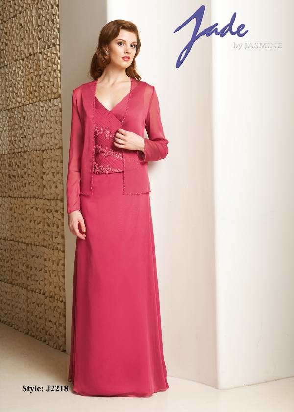 Prom Dress: JADE - J2218  Catalogue Color:  PEONY (PY)  Silhouette:  Jade Chiffon gown has shirred front and back V neckline. Front bodice has beaded/embroidered lace detail. A-line skirt and matching long sleeve jacket has beaded edges.  Fabric-top layer:  JADE CHIFFON  Accessory:  Beaded jacket  Skirt Length:  Floor  Size Range:   2-26  