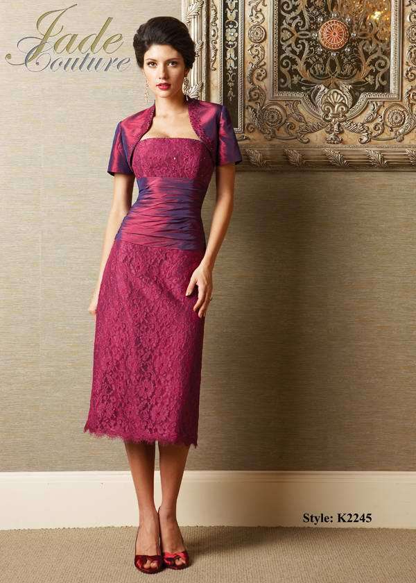 Bridesmaids Dress: JADE COUTURE - K2245  Catalogue Color:  BORDEAUX (BX)  Silhouette:  Luxe Taffeta and lace gown has straight neckline with spaghetti straps. Lace empire bodice and skirt. Shirred taffeta waist. Matching jacket with short sleeves with lace neckline edge.  Fabric-top layer:  LUXE TAFFETA  Accessory:  Beaded lace jacket  Skirt Length:  Available in both tea-length and floor length. Floor length for K2245A  Size Range:   2-26  