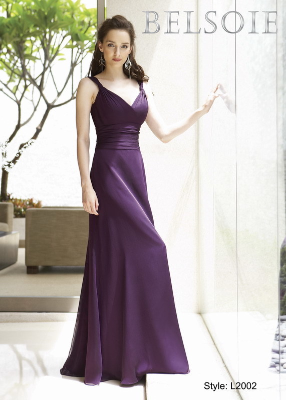 Bridesmaids Dress: BELSOIE Spring 2009 - Style L2002  Catalogue Color:  BORDEAUX (BX)  Silhouette:  Tiffany Chiffon gown with a pleated front neckline and v back neckline. Gown is gathered at the natural waist with a plain a-line skirt.  Fabric-top layer:  BELSOIE TIFFANY CHIFFON  Accessory:  N/A  Skirt Length:  Available in floor length. Tea-length can be special ordered, at no additional charge.  Size Range:   2-28  