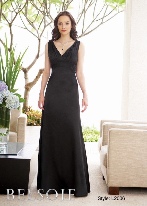 Bridesmaids Dress: BELSOIE Spring 2009 - Style L2006  Catalogue Color:  BLACK (BK)  Silhouette:  Charmeuse gown with a pleated v neckline in front and straps in back with a draping sash. The gown has an empire waist with a plain a-line skirt.   Fabric-top layer:  BELSOIE CHARMEUSE  Accessory:  N/A  Skirt Length:  Available in floor length. Tea-length can be special ordered, at no additional charge.  Size Range:   2-28  
