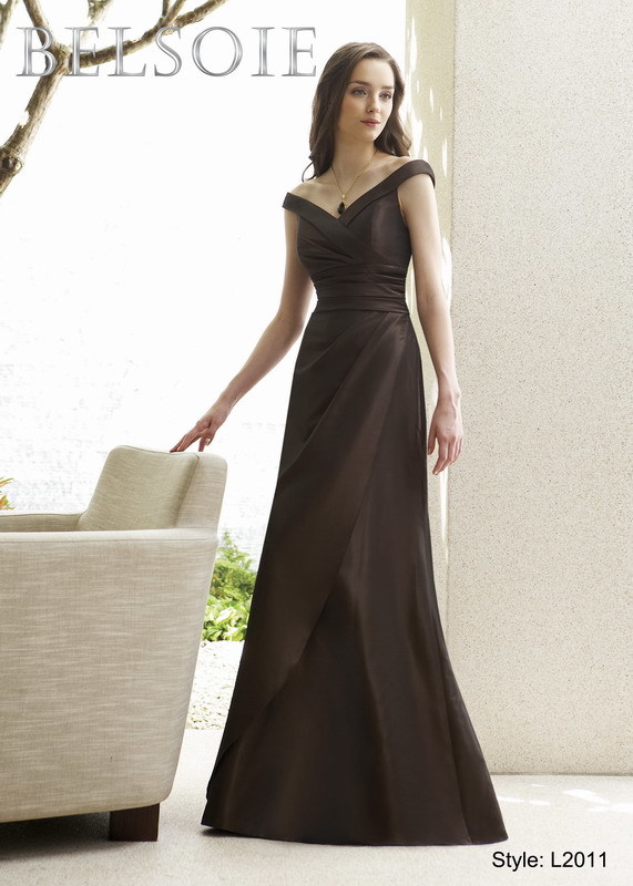 Prom Dress: BELSOIE Spring 2009 - Style L2011  Catalogue Color:  ESPRESSO (EO)  Silhouette:  Matte Taffeta gown with a portrait neckline and gathers at the natural waist. Skirt of gown is a-line with a layer.  Fabric-top layer:  BELSOIE MATTE TAFFETA  Accessory:  N/A  Skirt Length:  Available in floor length. Tea-length can be special ordered, at no additional charge.  Size Range:   2-28  