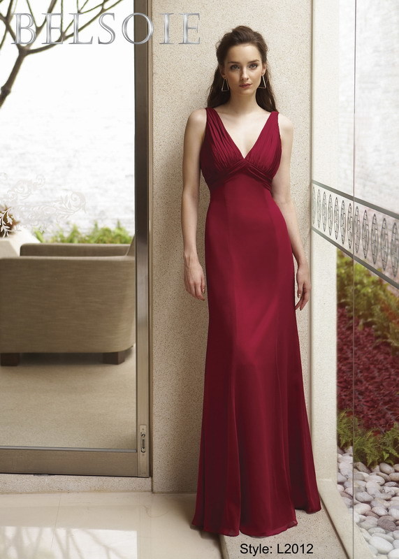 Prom Dress: BELSOIE Spring 2009 - Style L2012  Catalogue Color:  NEW RED (NR)  Silhouette:  Tiffany Chiffon gown with a pleated v neckline in front and a v back neckline with straps. The bodice is gathered with a sash in back. The gown is empire waisted with a plain a-line skirt.  Fabric-top layer:  BELSOIE TIFFANY CHIFFON  Accessory:  N/A  Skirt Length:  Available in floor length. Tea-length can be special ordered, at no additional charge.  Size Range:   2-28  