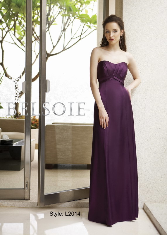 Prom Dress: BELSOIE Spring 2009 - Style L2014  Catalogue Color:  BORDEAUX (BX)  Silhouette:  Charmeuse gown with a pleated strapless front neckline and a plain strapless back neckline. The empire waist is gathered and the skirt is a plain a-line.   Fabric-top layer:  BELSOIE CHARMEUSE  Accessory:  Detachable spaghetti straps  Skirt Length:  Available in floor length. Tea-length can be special ordered, at no additional charge.  Size Range:   2-28  