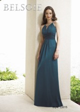 Prom Dress: BELSOIE Spring 2009 - Style L2015  Catalogue Color:  TEAL (TL)  Silhouette:  Tiffany Chiffon jewel neckline with keyhole in front. The back is a v neckline with straps. The gown is empire waisted with gathers at the front and the skirt is plain a-line.   Fabric-top layer:  BELSOIE TIFFANY CHIFFON  Accessory:  N/A  Skirt Length:  Available in floor length. Tea-length can be special ordered, at no additional charge.  Size Range:   2-28  