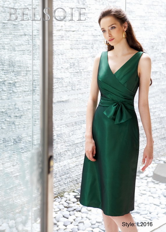Prom Dress: BELSOIE Spring 2009 - Style L2016  Catalogue Color:  DARK GREEN (DG)  Silhouette:  Matte Taffeta gown with V neckline in front and back. The waistline is gathered at the natural waist with a sash on the side. The skirt is plain a-line.  Fabric-top layer:  BELSOIE MATTE TAFFETA  Accessory:  N/A  Skirt Length:  Available in both knee-length and floor length. Floor length for L2016A  Size Range:   2-28  