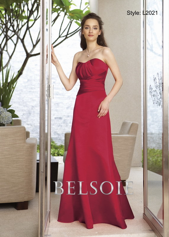 Evening Dress: BELSOIE Spring 2009 - Style L2021  Catalogue Color:  NEW RED (NR)  Silhouette:  Supreme Satin strapless sweetheart neckline with a gathered criss cross waist. The skirt of gown is plain and a-line.  Fabric-top layer:  SUPREME SATIN  Accessory:  Detachable spaghetti straps  Skirt Length:  Available in floor length. Tea-length can be special ordered, at no additional charge.  Size Range:   2-28  