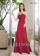 Prom Dress: BELSOIE Spring 2009 - Style L2021  Catalogue Color:  NEW RED (NR)  Silhouette:  Supreme Satin strapless sweetheart neckline with a gathered criss cross waist. The skirt of gown is plain and a-line.  Fabric-top layer:  SUPREME SATIN  Accessory:  Detachable spaghetti straps  Skirt Length:  Available in floor length. Tea-length can be special ordered, at no additional charge.  Size Range:   2-28  