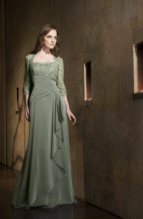 Bridesmaids Dress: JADE - J1162  Catalogue Color :  CELADON (CL) Silhouette :  Jade Tiffany Chiffon gown with beaded lace empire bodice and 3/4 length sleeves. Neckline and edge of sleeve trimmed with scallop. Back neckline has keyhole opening; Aline skirt with front ruffle detail. Fabric-top layer :  JADE TIFFANY CHIFFON Gown or 2 piece :  Dress Jacket :   Front Neckline :  Queen Back Neckline :  Boat Front Bodice Detail :  Beaded lace and gathered Back Bodice Detail :  Beaded lace and gathered Sleeve :   Gown :   Belt or Sash Detail :  N/A Waist :  Drop Front Skirt Detail : Plain Back Skirt Detail :  Plain Front Hem Detail :  Plain Back Hem Detail :  Plain Accessory :  N/A Skirt Length :  Floor Size Range :  2-26 
