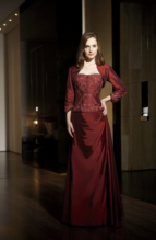 Bridesmaids Dress: JADE - J1164  Catalogue Color :  CRANBERRY (CB) Silhouette :  Jade Taffeta mock 2 piece gown has sweetheart strapless neckline with front beaded lace details. A-line skirt with side gathering; matching jacket has 3/4 length sleeves with beaded lace detail on sleeve edge. Fabric-top layer :  JADE TAFFETA Gown or 2 piece :  2Pcslook Jacket :   Front Neckline :  Strapless Back Neckline :  Strapless Front Bodice Detail :  Beaded lace Back Bodice Detail :  Plain Sleeve :   Gown :   Belt or Sash Detail :  N/A Waist :  Drop-Scoop Front Skirt Detail : Gathered Back Skirt Detail :  Plain Front Hem Detail :  Plain Back Hem Detail :  Plain Accessory :  Jacket and straps Skirt Length :  Floor Size Range :  2-26 